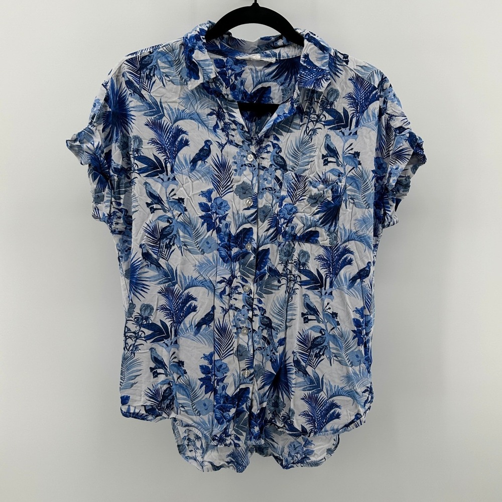 Jane + Delancey Blue White Tropical Parrot Button Down Shirt M Colorful Vacation